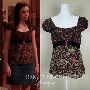 Rare Vintage Silk Floral Top ASO Rory Gilmore Girls Brown Pink Blouse Cap Sleeve